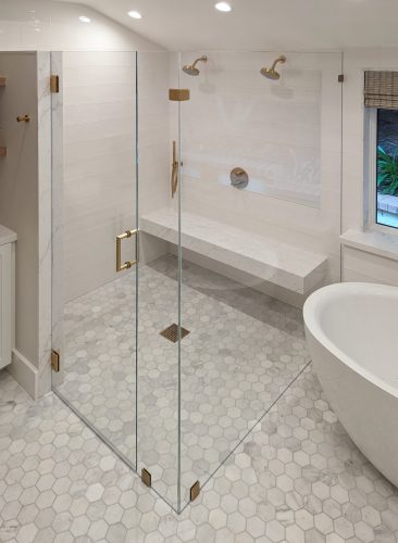 90 Degree Shower Room with Satin Brass and Mitered Handle Hardware with Low Iron Glass