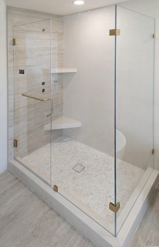 90 Degree Shower with Brushed Bronze Hardware Towel Bar / Handle Combo