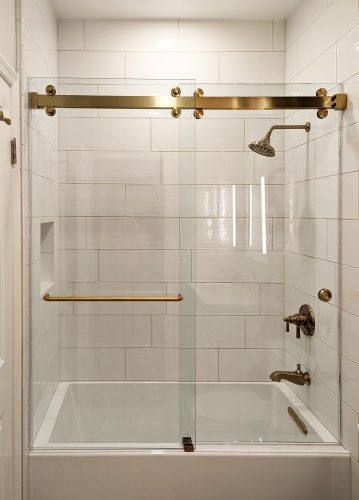 Sorrento satin brass Slider Shower Door 3/8 in glass