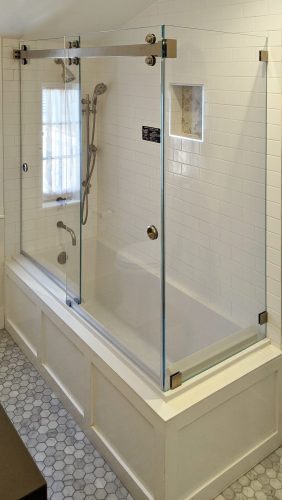 90 degree Sorrento with bathtub brushed stainless low iron glass Slider Shower Door