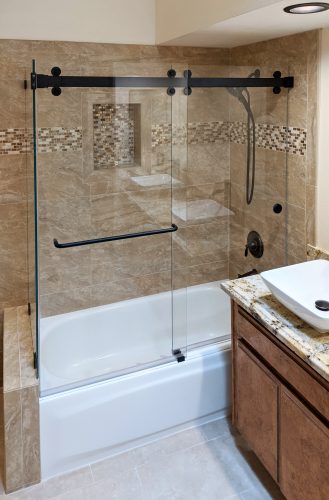 90 degree Sorrento with bathtub matte black low iron glass Slider Shower Door