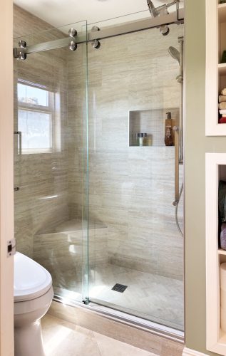 Sophia model with 38 inch clear glass and brush stainless hardware